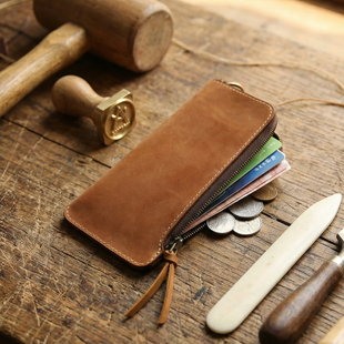 男士 真皮超薄钱包头层牛皮带拉链钱夹青年简约复古疯马皮皮夹 长款