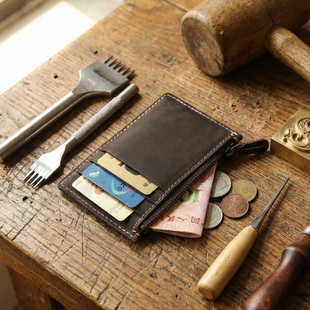 疯马头层牛皮男士 小钱包卡包 迷你零钱包超薄真皮拉链硬币包短款
