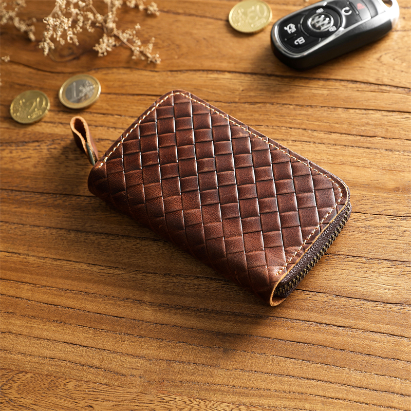 男士編織頭層牛皮多功能鑰匙包