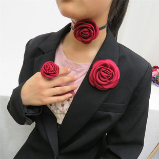 高级感魅力红玫瑰胸针戒指花颈花项圈三件套组合舞台表演夸张胸花