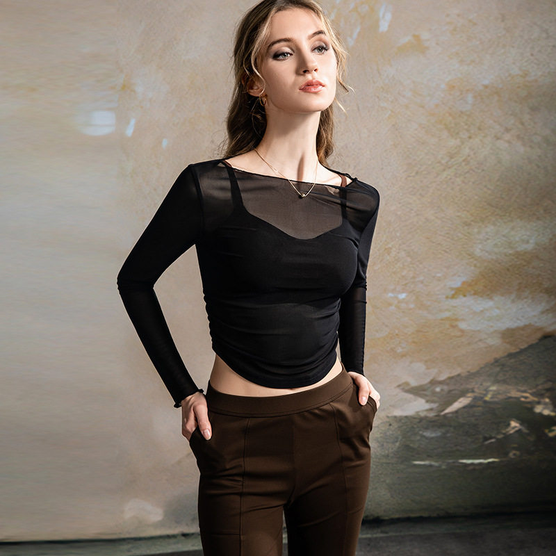 夏季透视网纱一字领长袖t恤女黑色修身性感短款露脐上衣薄款罩衫