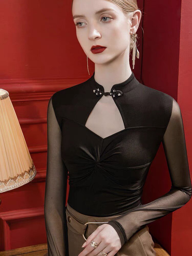 新中式国风性感旗袍立领盘扣上衣镂空长袖透明拼接打底衫内搭T恤