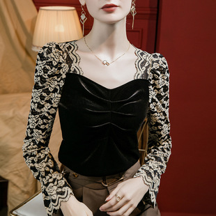 蕾丝打底衫女2026新款秋冬季内搭可外穿喇叭袖高级感气质丝绒上衣