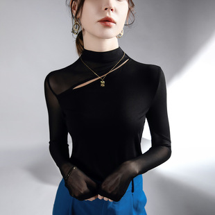 欧洲站黑色打底衫女长袖t恤春季女2026年新款薄网纱内搭弹力小衫