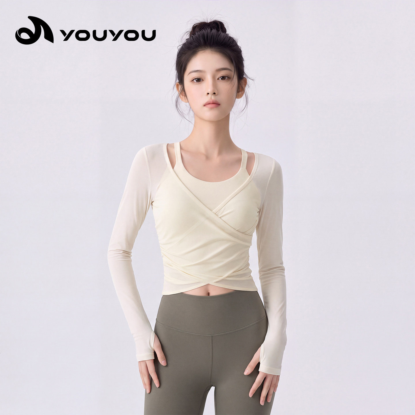 佑游瑜伽服女长袖速干网纱罩衫跑步运动上衣普拉提训练健身套装