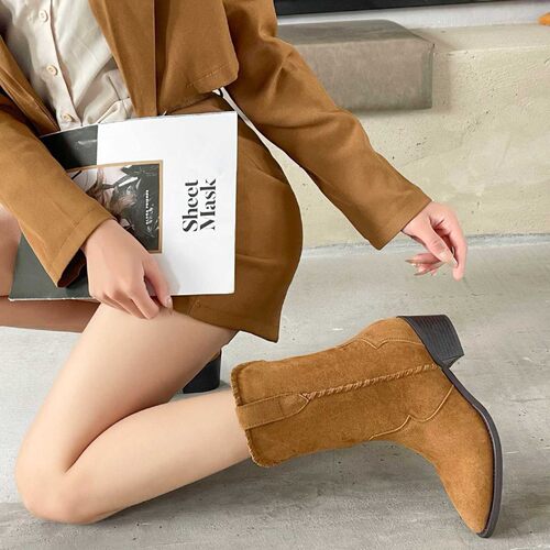 真皮西部牛仔靴女复古尖头磨砂