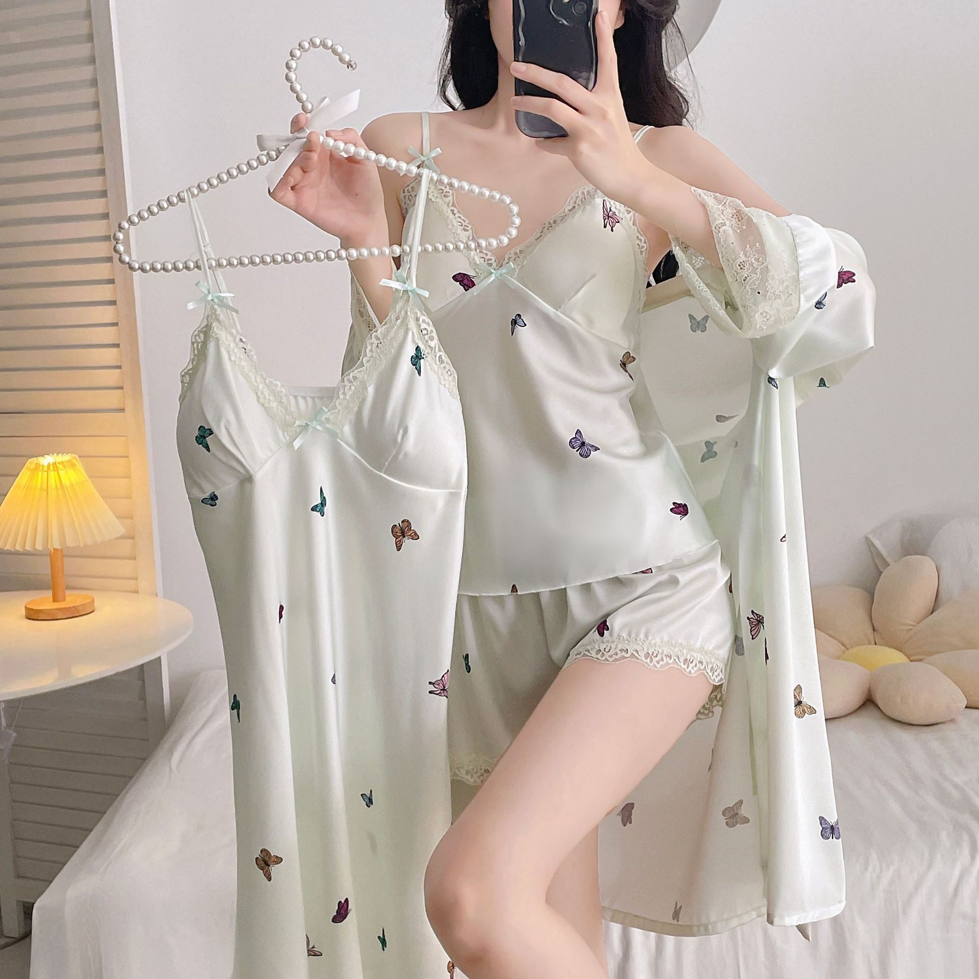 夏季新款冰雪丝睡衣女带胸垫韩式睡袍/浴袍
