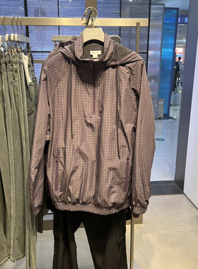 UR国内2025秋季男装潮流七夕格纹连帽抽绳宽松衬衫UUV250012