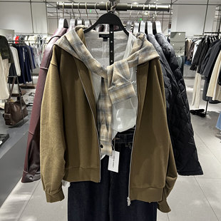 UR国内2025冬季女装休闲设计感假两件格纹连帽外套UWH160017