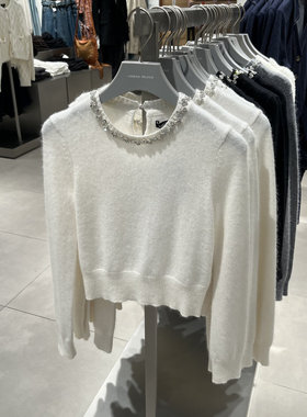 UR国内2025春季女气质格雷系短款钉珠饰圆领针织衫UWM950006