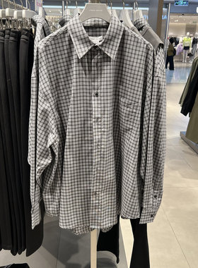 UR国内2025春季男装时尚撞色格纹翻领长袖开襟衬衫UIV250004
