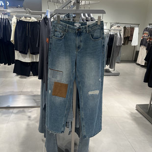 UR国内2025秋季男装丹宁回潮拼接破洞毛边牛仔长裤UML850091