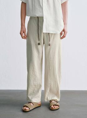 UR国内2026夏季男装撞色编织流苏系带亚麻弯刀裤UML660044
