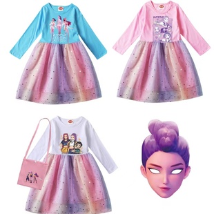 春秋Kpop Demon Hunter猎魔女团童装网纱裙子长袖女童连衣裙面具