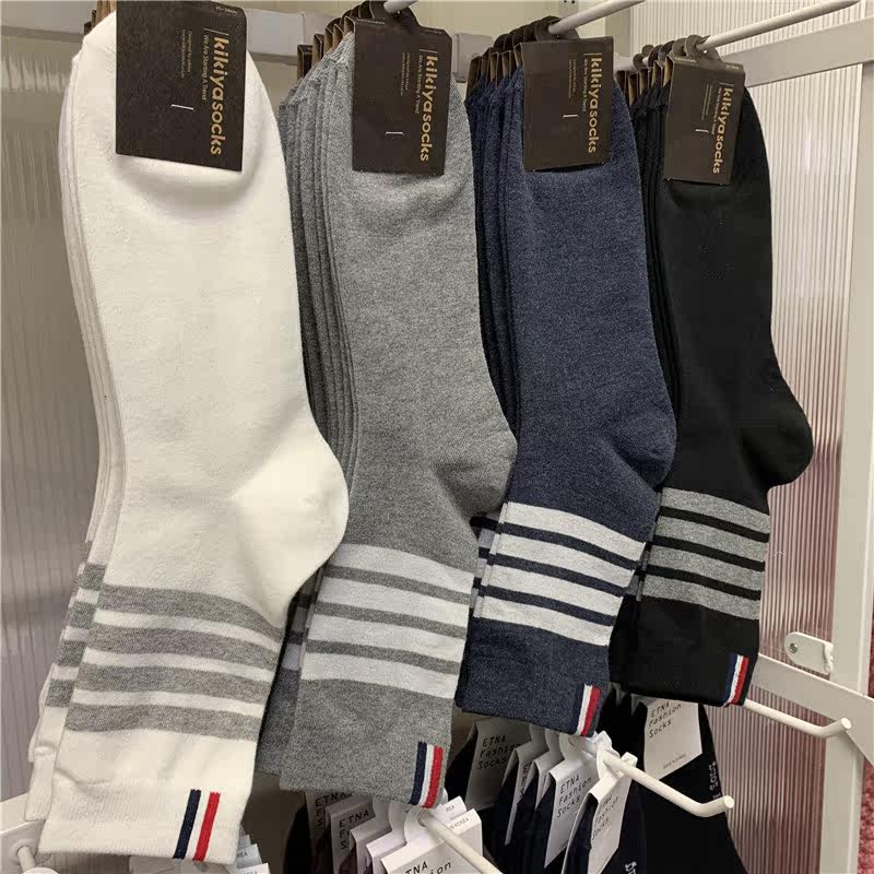 韩国男袜kikiyasocks东大门袜子拼色条纹袜筒商务中筒袜运动棉袜