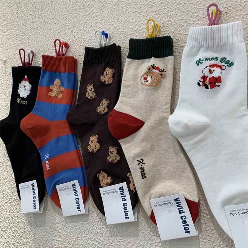 植绒卡通圣诞老人中筒袜