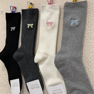 棉质双针透气长筒女袜子2025春季新款刺绣蝴蝶结月子袜中筒堆堆袜
