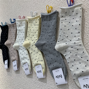 网红款 春季 圆点波点卷边棉质可爱中筒袜子 女袜2024韩版 东大门新款