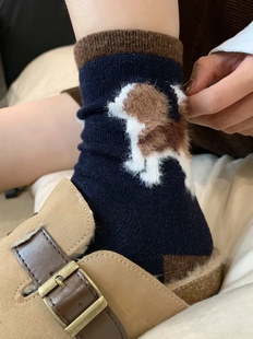冬季新款女袜韩东大门加厚保暖立体毛毛卡通小狗羊毛袜中筒堆堆袜