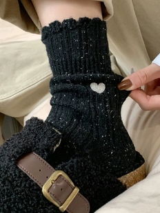 冬季新款加厚保暖羊毛袜东大门韩版点子纱刺绣爱心花苞袜筒女袜子