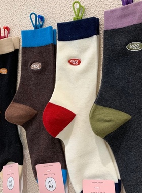 马卡龙拼色羊绒女袜2025冬季新款保暖刺绣字母egg羊毛无骨中筒袜
