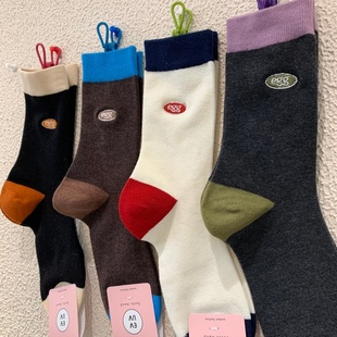 马卡龙拼色羊绒女袜2025冬季 保暖刺绣字母egg羊毛无骨中筒袜 新款