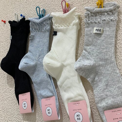 日系egg卷边中筒袜女棉质透气春夏新款堆堆袜可爱百搭纯色学生袜