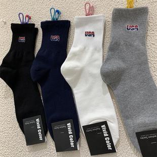 束腰棉质运动男袜子韩国东大门vivid街头字母USA网红款 百搭中筒袜