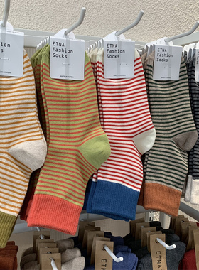 ETNA韩国女袜东大门秋冬新款网红款拼色百搭条纹袜子学院风中筒袜
