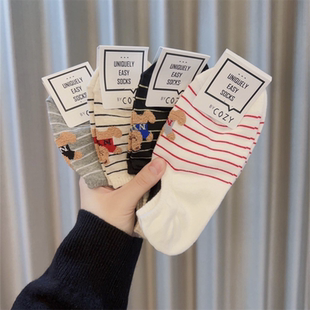 COZY韩国女袜东大门新款 立体植绒卡通小熊条纹浅口隐形不掉跟船袜