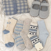 卡通毛毛条纹冬季 网红款 加厚保暖羊毛袜女袜子刺绣AB款 羊绒中筒袜