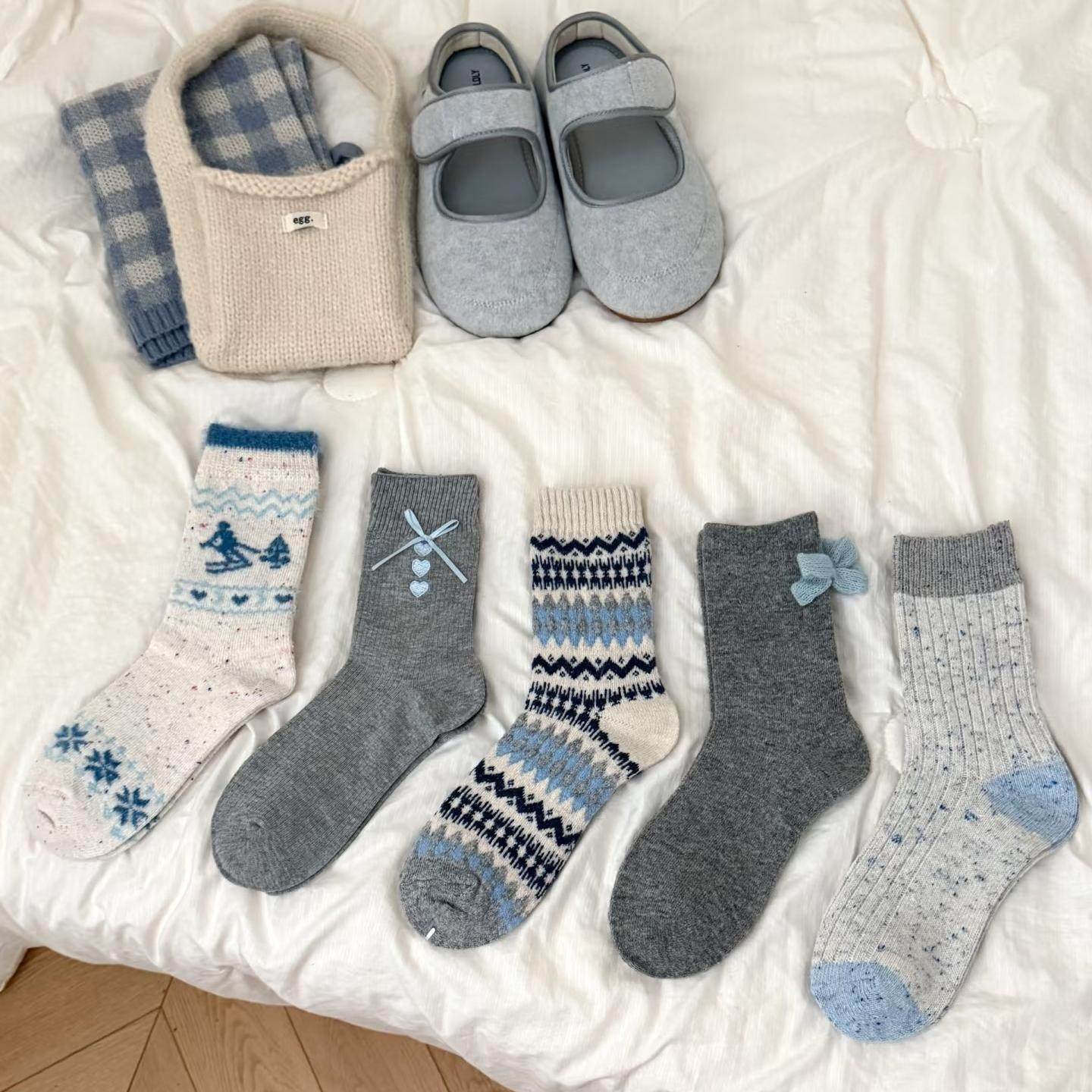 灰色系网红款加厚保暖羊毛袜撞色条纹卡通立体蝴蝶结中筒袜堆堆袜,女士内衣/男士内衣/家居服,中筒袜,淘宝优惠券,粉丝福利购,淘宝优惠卷