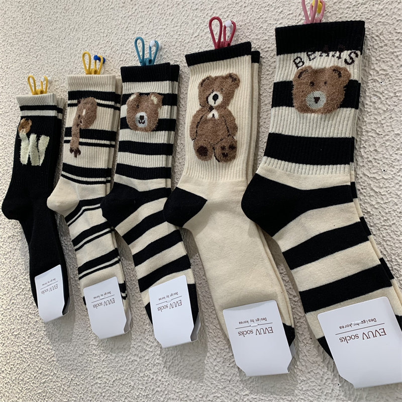 秋冬新款女袜东大门韩网红拼色条纹立体植绒卡通小熊束腰中筒袜,女士内衣/男士内衣/家居服,中筒袜,淘宝优惠券,粉丝福利购,淘宝优惠卷