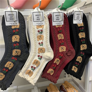 韩国女袜东大门COZY新款 袜子立体浮雕植绒小熊樱桃木耳边中筒袜
