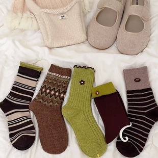 撞色条纹卷边egg纽扣羊毛中筒袜 绿卡色系羊绒女袜网红款 冬季 新款
