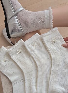 夏季网眼薄款透气女袜子韩网红miu系立体蝴蝶结木耳边纯色中筒袜