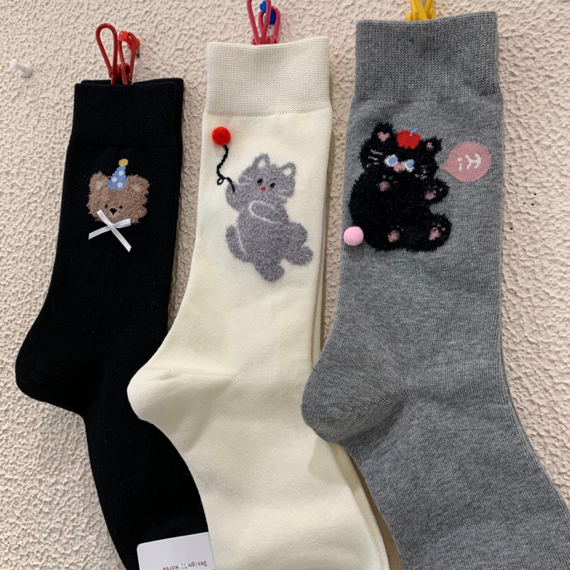 立体植绒气球小熊羊绒女袜2025冬季新款加厚保暖猫咪中筒羊毛袜子