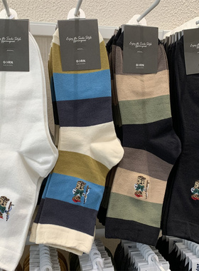 ggorangnae韩国东大门男袜街头英伦风拼色条纹卡通小熊商务中筒袜