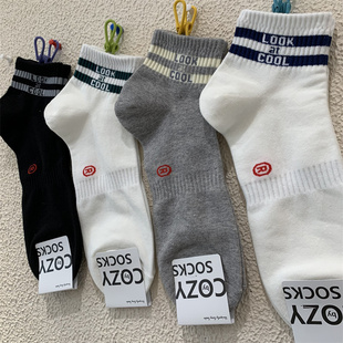 2025春季 COZY男袜子街头棉质透气字母条纹束腰运动短筒矮腰袜 新款