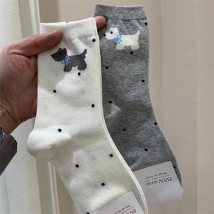 2025春季新款女袜子网红款甜美卡通小狗圆波点棉质透气月子中筒袜