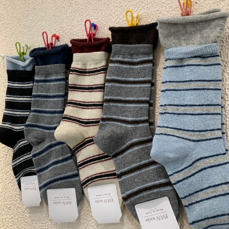 冬季新款加厚保暖羊毛女袜子网红拼接撞色条纹卷边羊绒中筒堆堆袜,女士内衣/男士内衣/家居服,中筒袜,淘宝优惠券,粉丝福利购,淘宝优惠卷