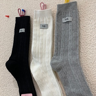 韩系2025秋冬季 女袜网红街头麻花螺纹加长袜筒egg标签中筒袜 新款