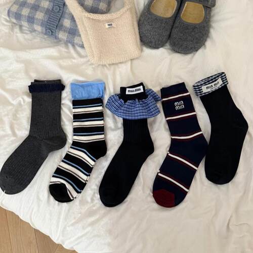 2025春季新款深灰色系女袜子韩网红款条纹拼色双层棉质透气中筒袜