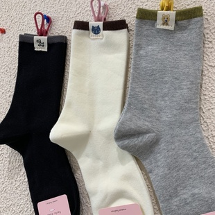 袜筒小猫标签四季袜2025秋冬新款女袜子网红款拼色棉质运动中筒袜