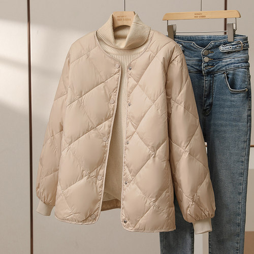 佐菲伦小清新无领菱格纹羽绒服女