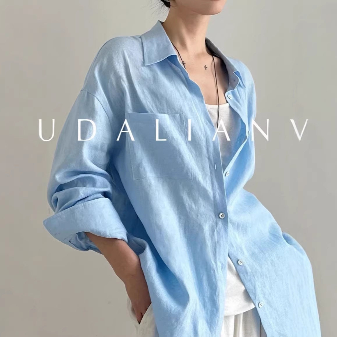 4色!早春简约百搭宽松老钱松弛感100亚麻衬衫上衣女浅蓝衬衫其他