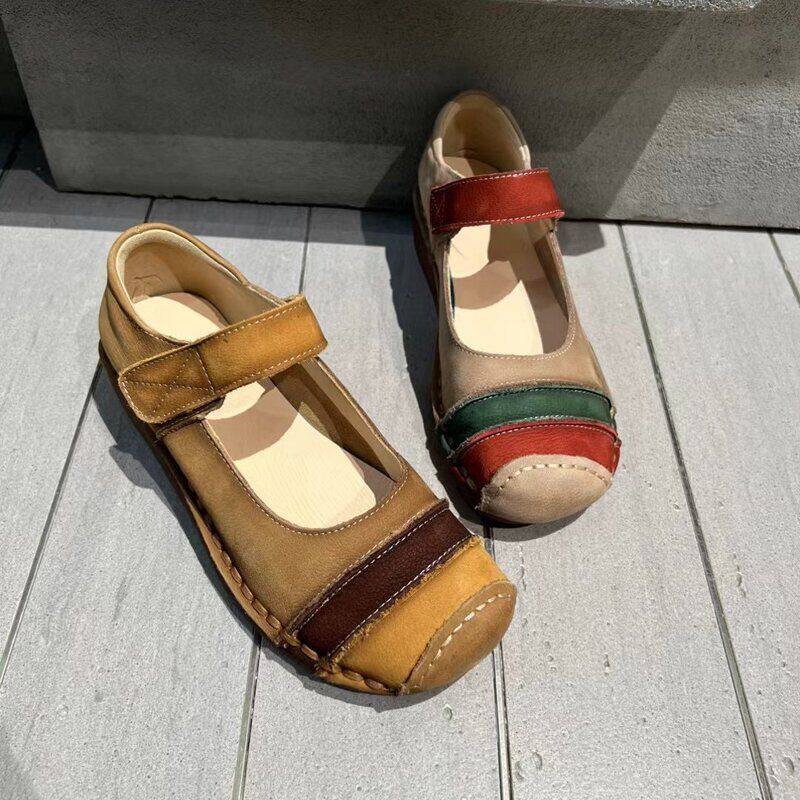 龍林2026单鞋魔术贴头层牛皮拼色厚底女鞋加绒勃肯鞋复古休闲时尚