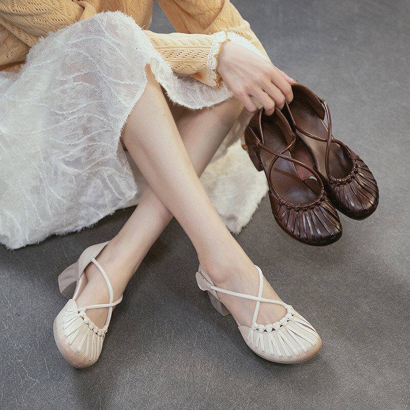 杰骤2026夏季新款头层牛皮法式复古交叉绑带高跟凉鞋时尚百搭女鞋