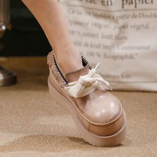 水洗牛皮内增高德比鞋女回古2026年春夏新款复古系带休闲四季单鞋