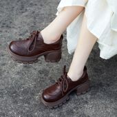 英伦真皮圆头系带坡跟轻便休闲开口笑乐福鞋 新款 2026春季 厚底单鞋